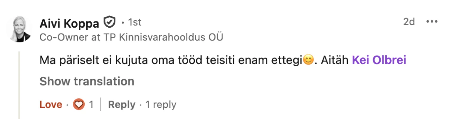 Aivi Koppa kommentaar LinkedInis
