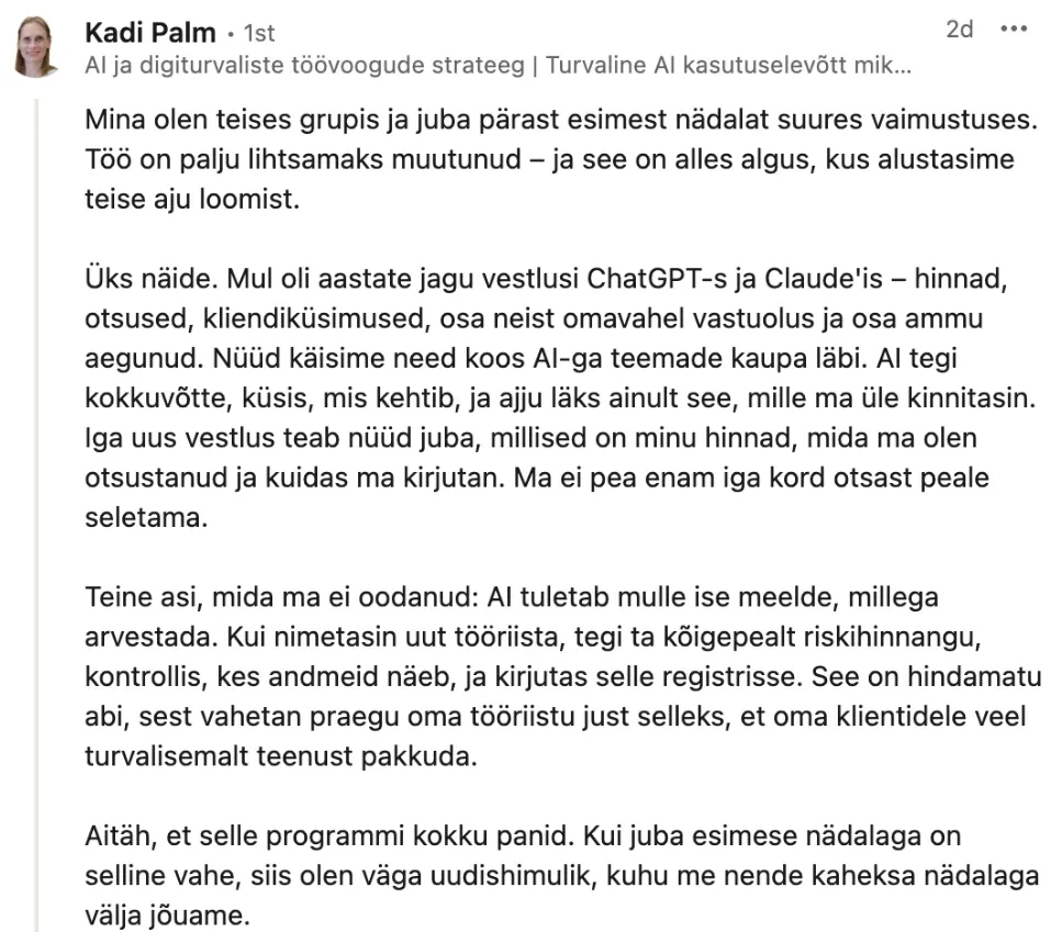 Kadi Palmi postitus LinkedInis