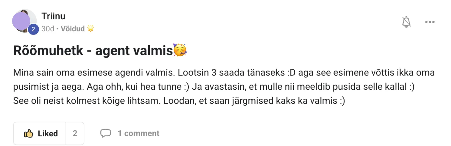 Triinu postitus programmi kogukonnas: agent valmis