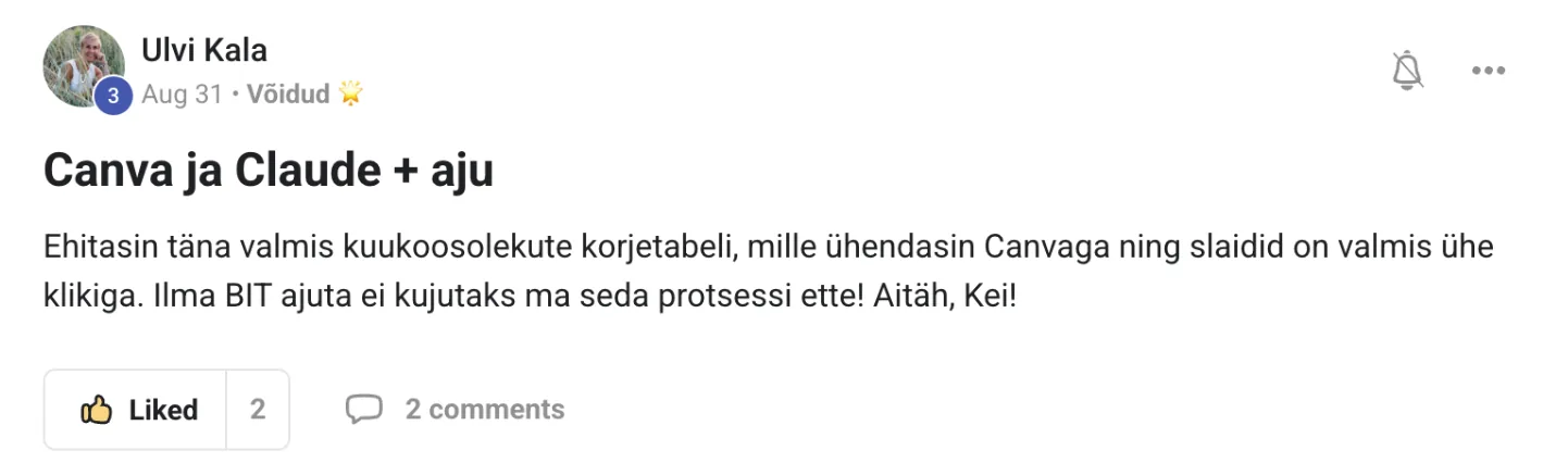 Ulvi Kala postitus programmi kogukonnas: Canva ja Claude + aju